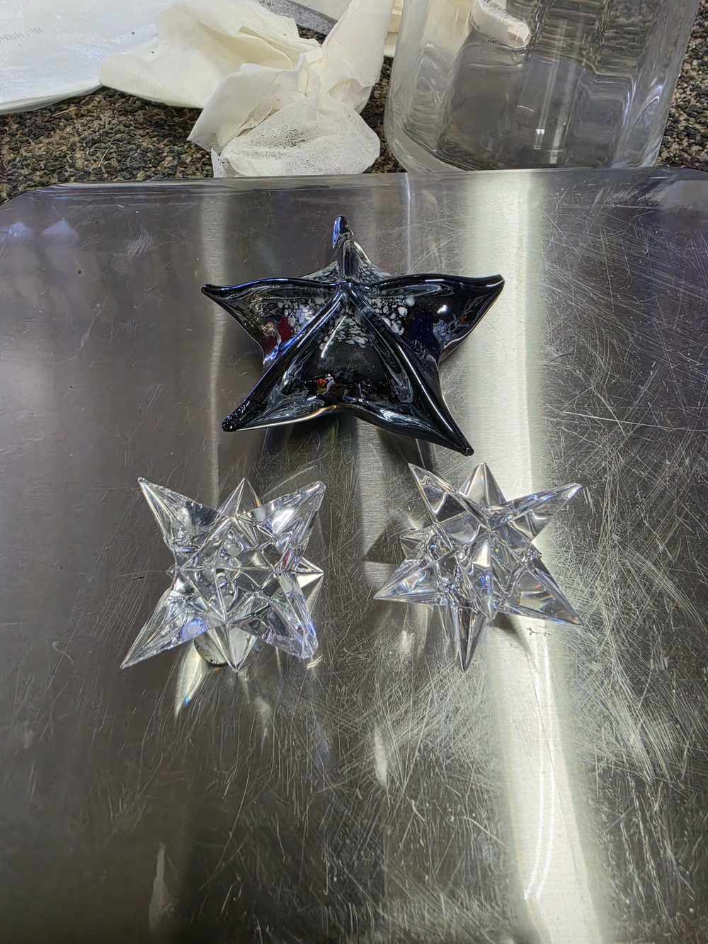 Set of Three Glass Star Sculptures - Clear and Black Decorative Stars